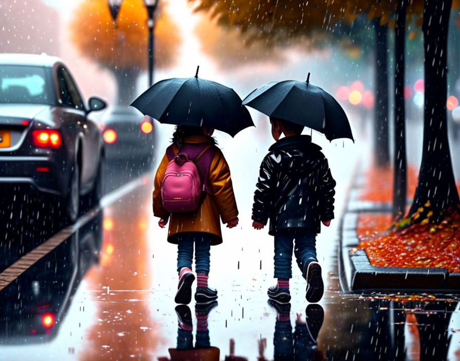 Children with umbrellas walking on wet autumn street with passing car