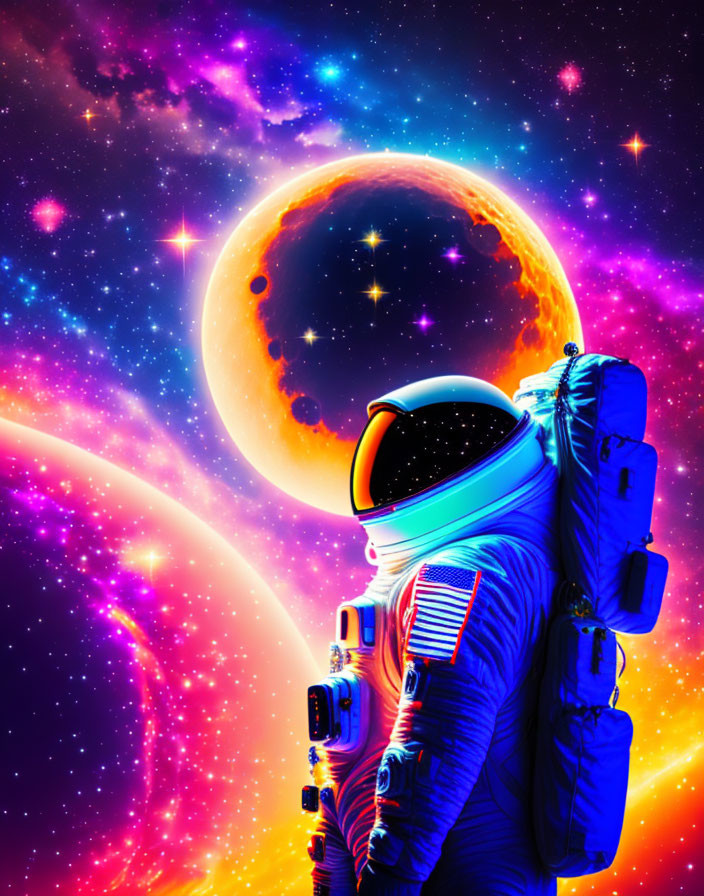 Astronaut in space suit admires moon, stars, and nebulae.