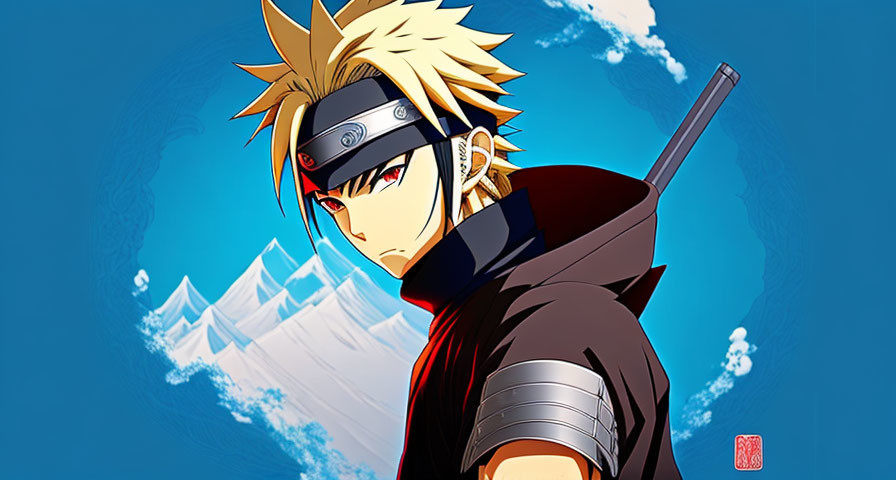 Spiky blonde hair character with weapon against mountain backdrop