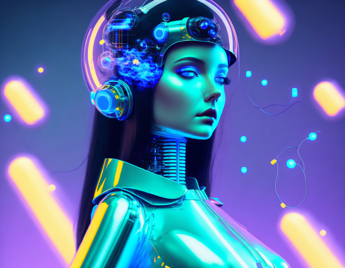 Futuristic female cyborg with glowing blue skin and digital helmet surrounded by neon elements on purple backdrop