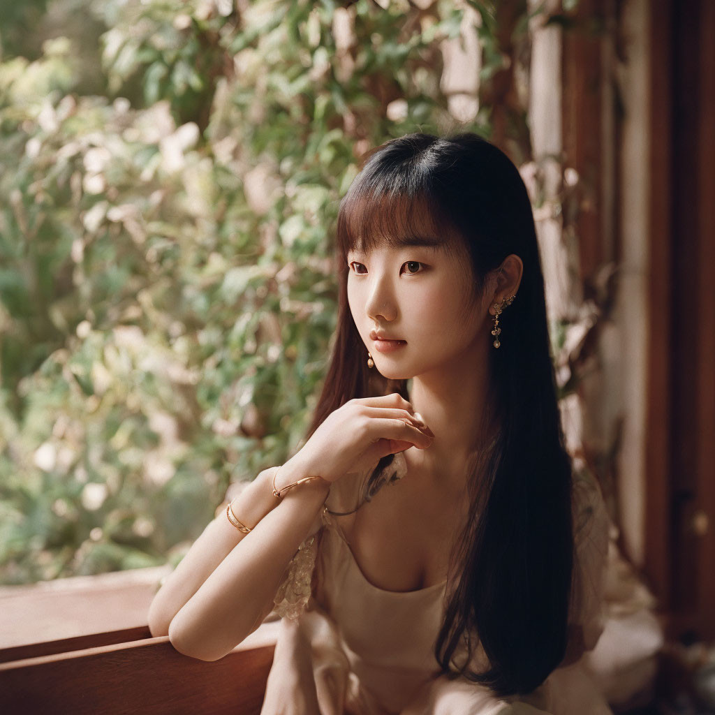 Woman with Long Dark Hair Sitting by Window with Greenery Background