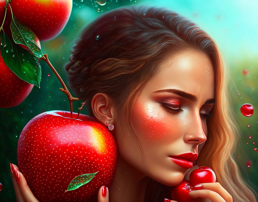 Vibrant digital artwork featuring woman with red apples