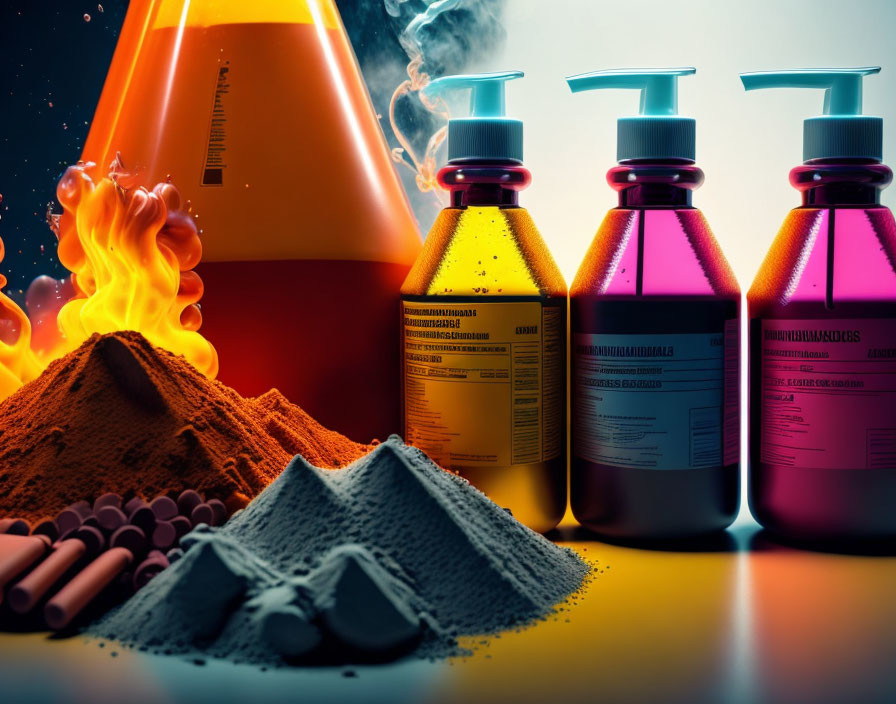 Colorful Chemicals and Flames in Laboratory Setting