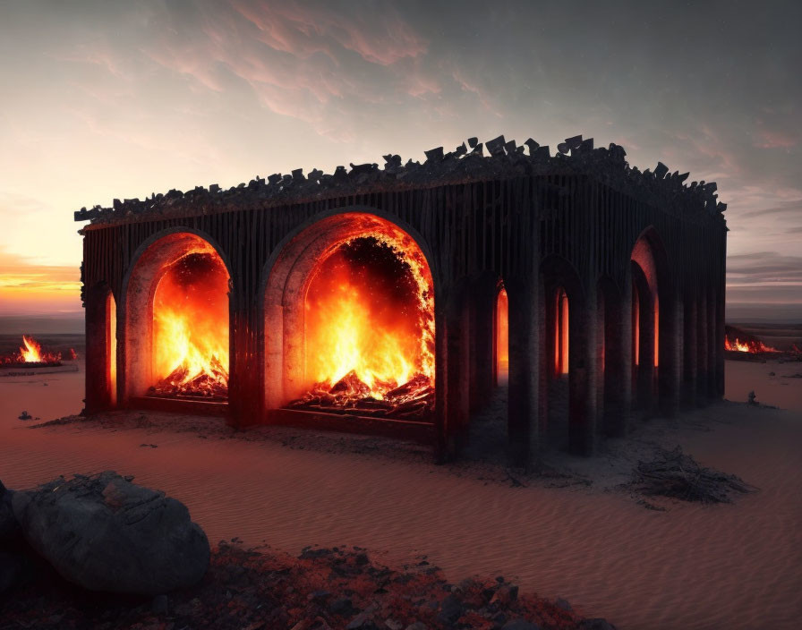 Large arched structure in flames against desert twilight sky