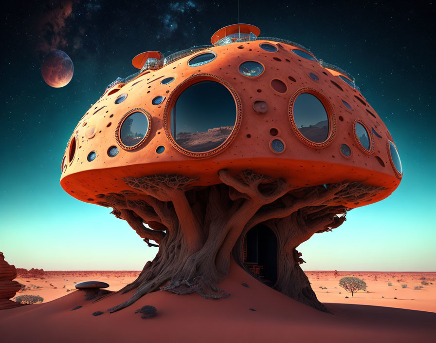 Futuristic orange dome house on ancient tree in desert with two moons