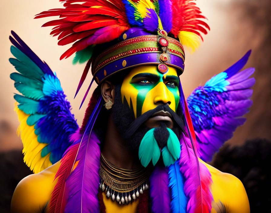 Man with vibrant face paint and feather headdress in tribal chief regalia.