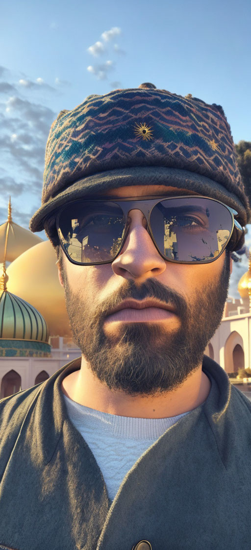 Bearded man in sunglasses with patterned hat reflecting Middle Eastern buildings on a blue sky