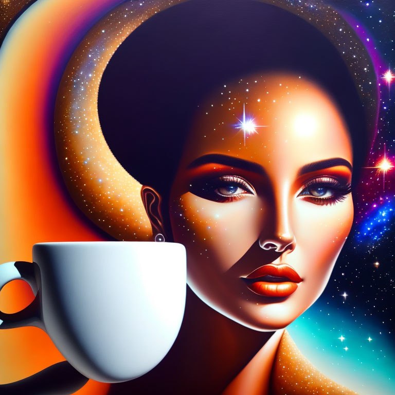 Surreal illustration of woman's face with cosmic elements and coffee cup