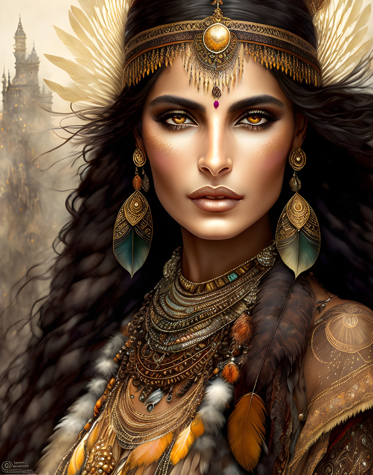 Digital artwork of woman with tribal headdress and jewelry, feathers and beadwork, temple background.