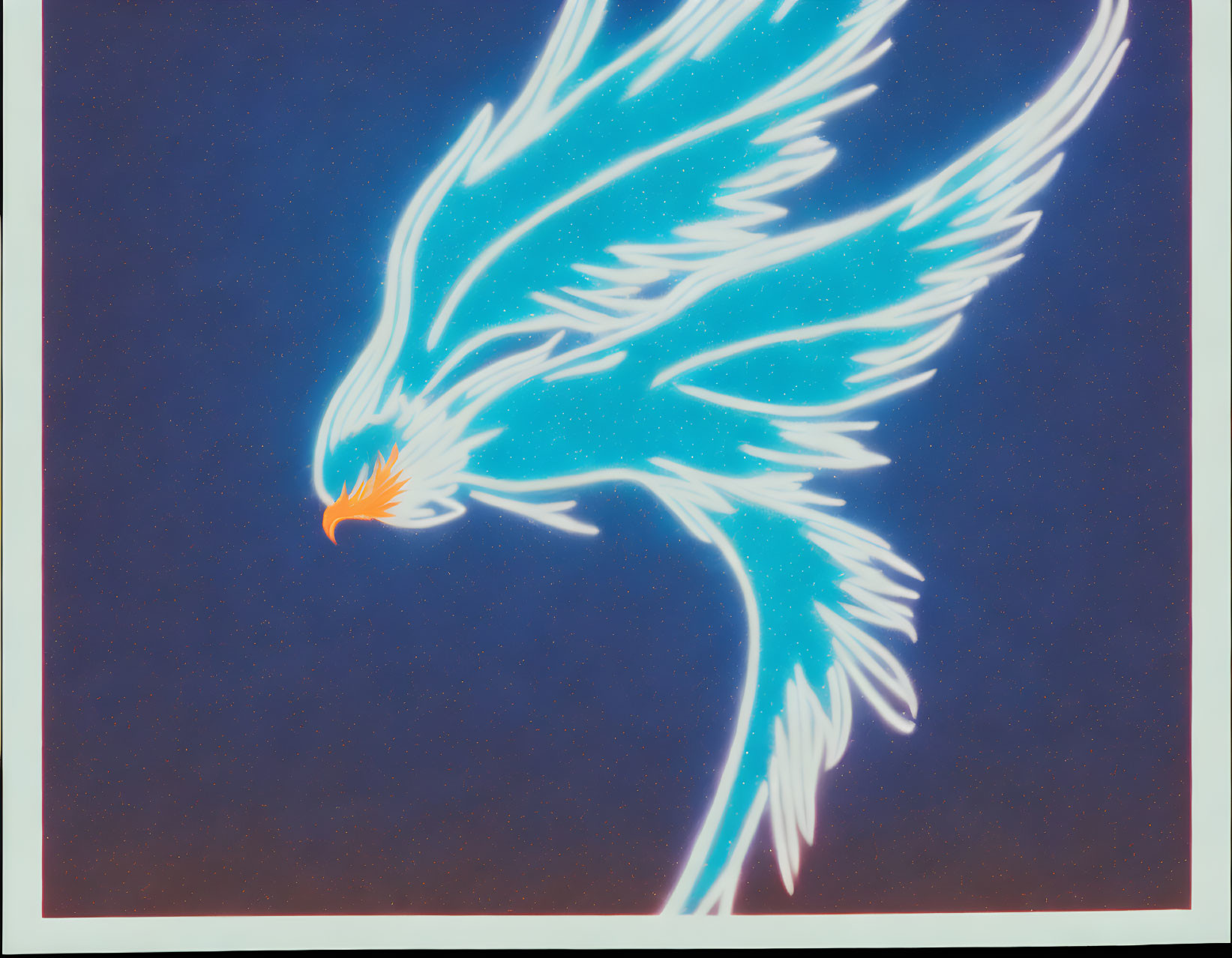 Luminous neon blue phoenix with orange beak in mid-flight