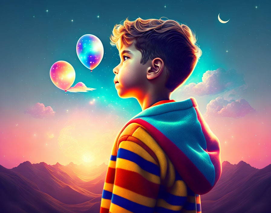 Young boy in striped hoodie admires glowing balloons in twilight sky