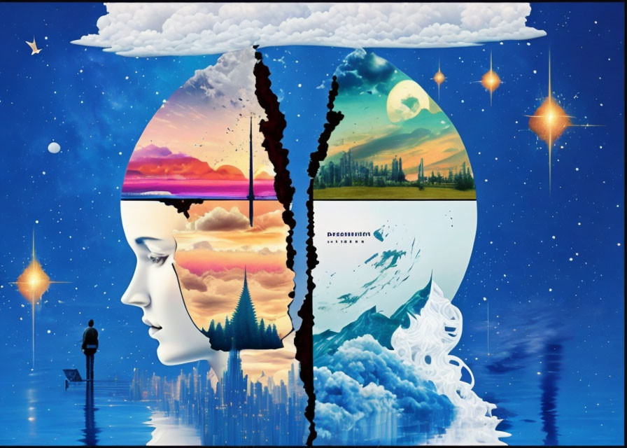 Split silhouette head with day and night city scenes under starry sky