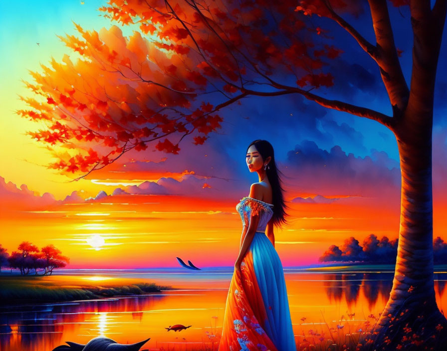 Woman in Blue Dress by Red Tree at Sunset Overlooking Lake