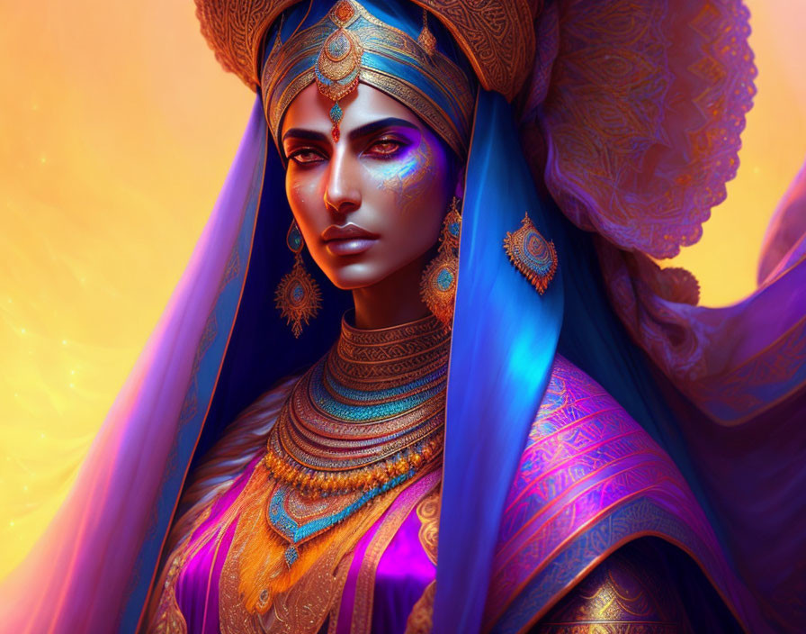 Regal woman in blue and gold traditional attire with intricate jewelry and majestic headpiece.