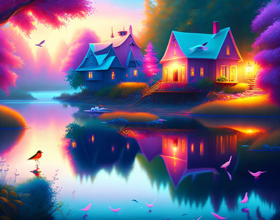 Colorful Glowing Trees in Fantasy Landscape at Dusk