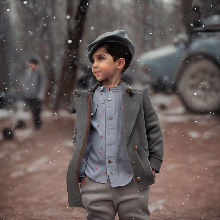 Vintage grey coat and beret-wearing boy in snow with old car and person in background