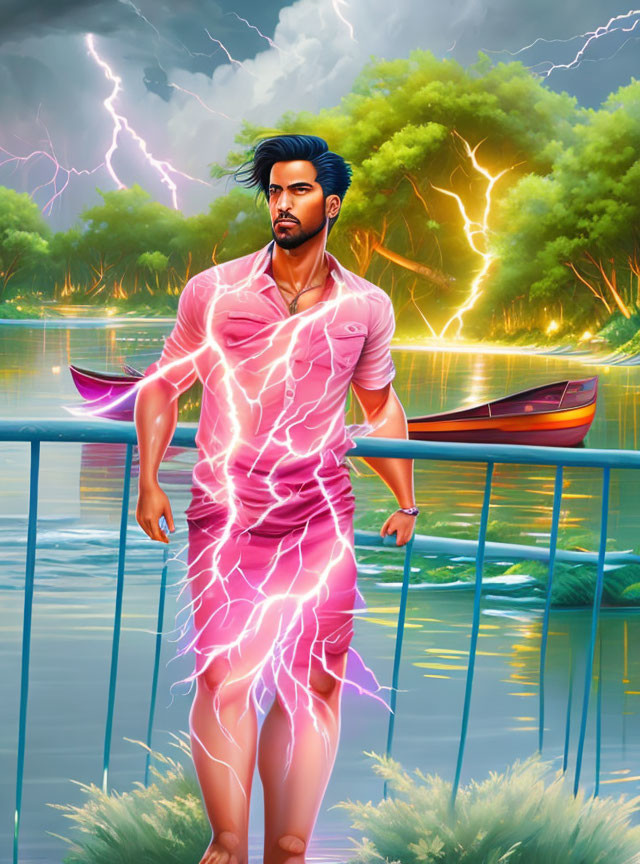 Stylized man with electrified body near river under stormy sky.