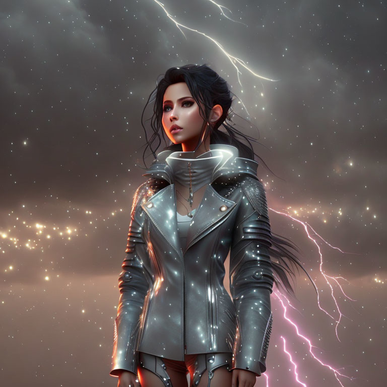 Futuristic digital artwork: Woman in silver jacket under starry sky