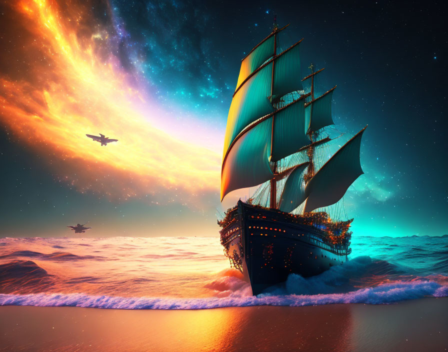 Sailing ship on ocean under starry sky with fiery nebula & airplanes