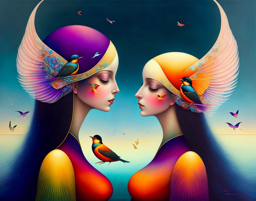 Surreal Artwork Featuring Two Women with Elongated Necks and Bird Headpieces