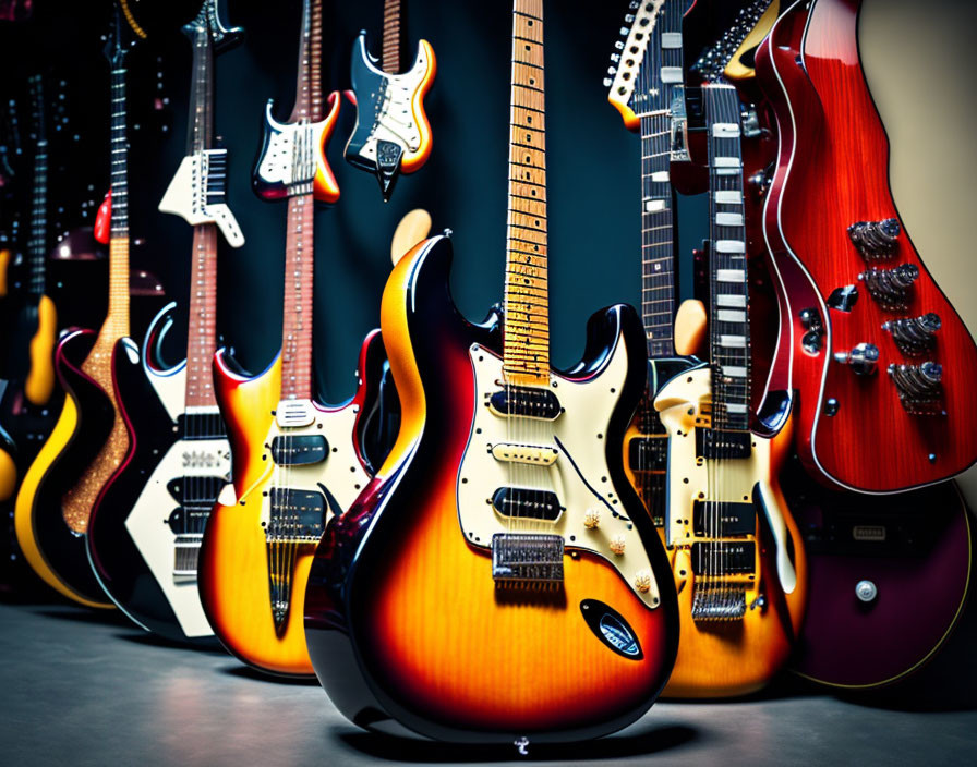 Assorted Electric Guitars in Various Shapes and Colors