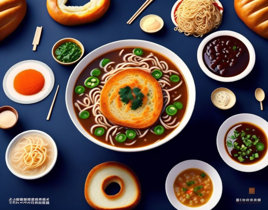 Asian dishes and condiments on dark blue background with central soup bowl