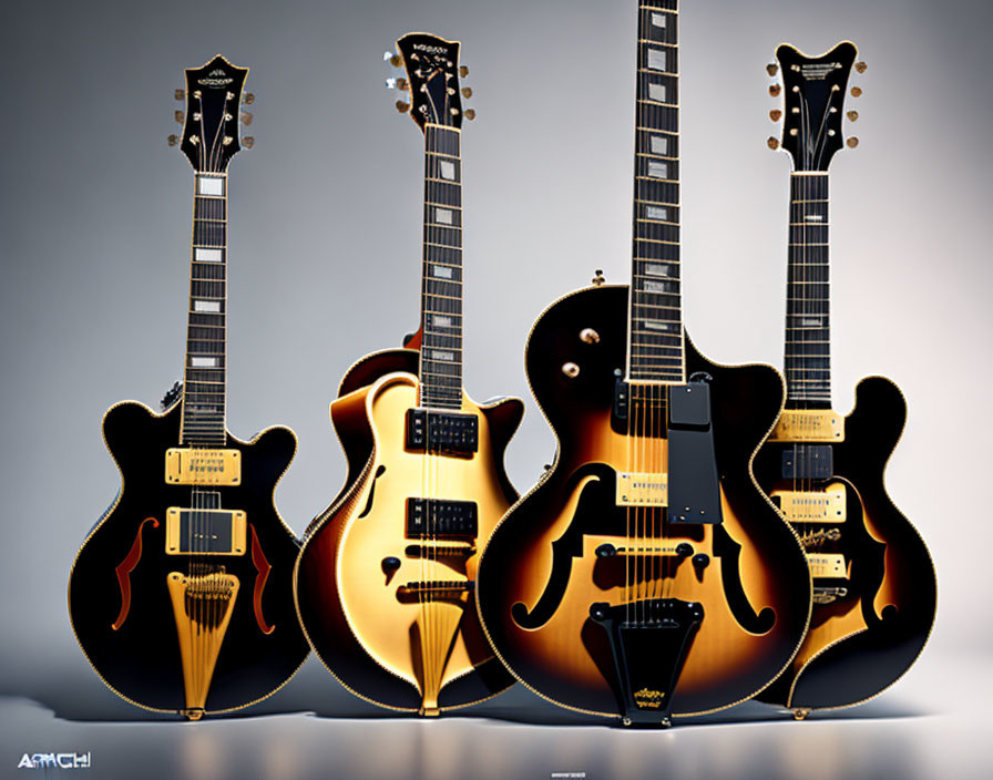 Four electric guitars with different body shapes and sunburst finishes on light gradient background.