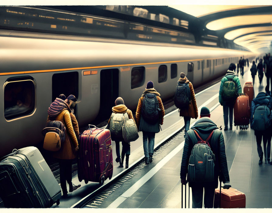 Travelers with luggage boarding train at modern station platform