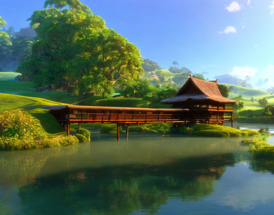 Tranquil landscape: thatched roof building by river, wooden bridge, green hills