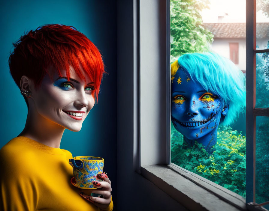 Red-haired woman in yellow top smiling with cup near window, blue skin reflection.