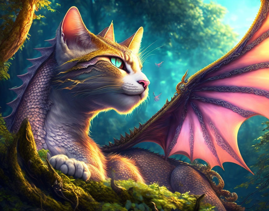 Winged cat with dragon-like wings in enchanted forest scenery