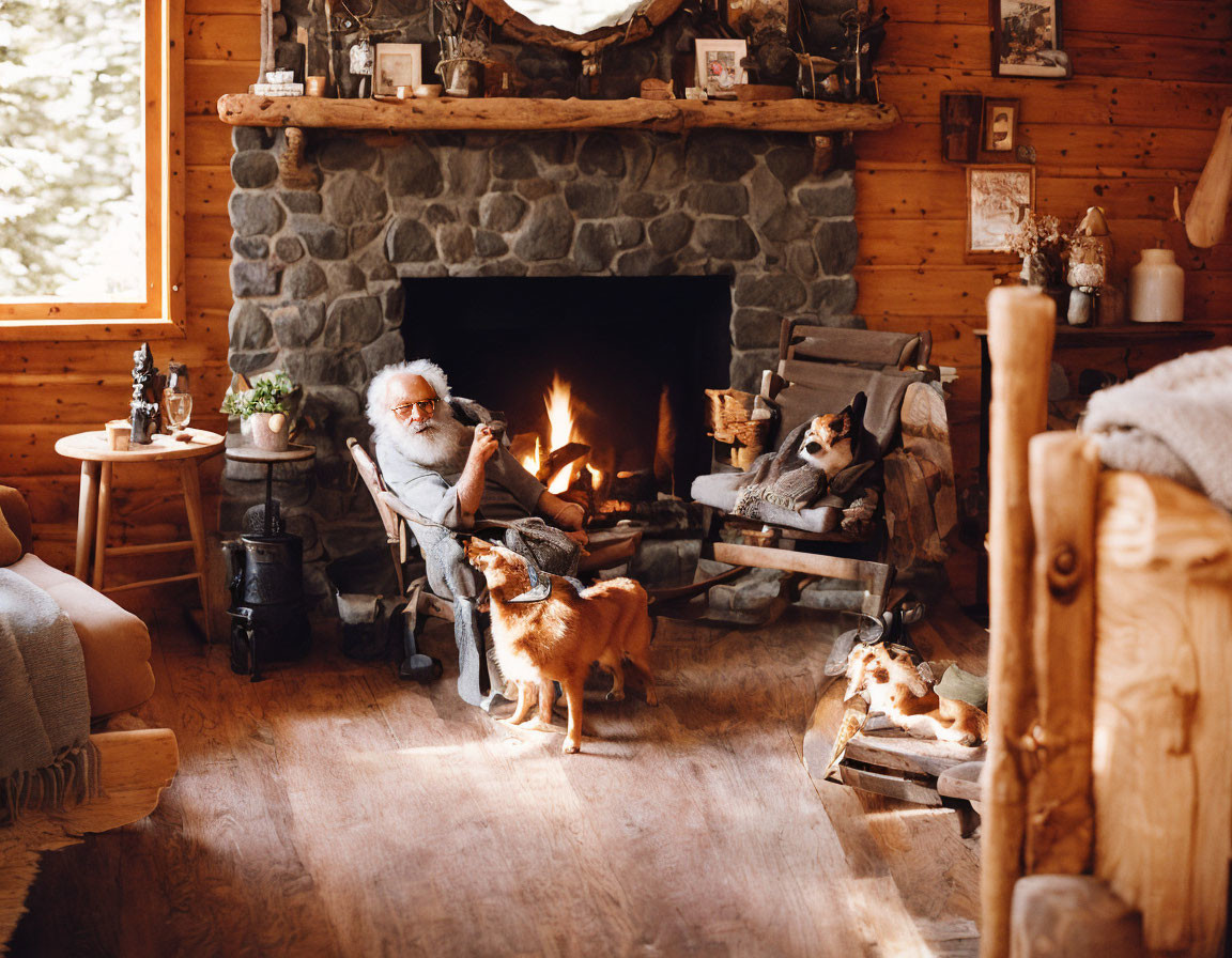 Rustic cabin interior with bearded man, dogs, fireplace.