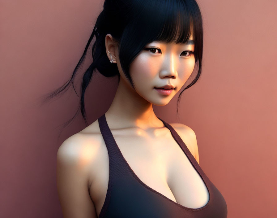 Asian woman in tank top and earring on warm background