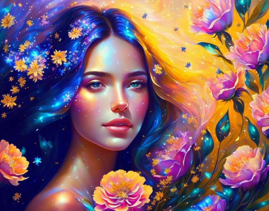 Cosmic hair woman digital artwork with floral elements