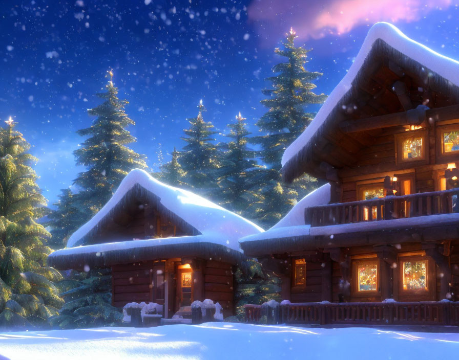 Snow-covered cabin in pine forest under twilight sky