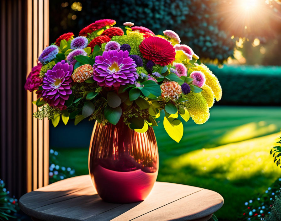 Colorful Flower Bouquet in Red Vase on Wooden Table with Sunlight and Greenery