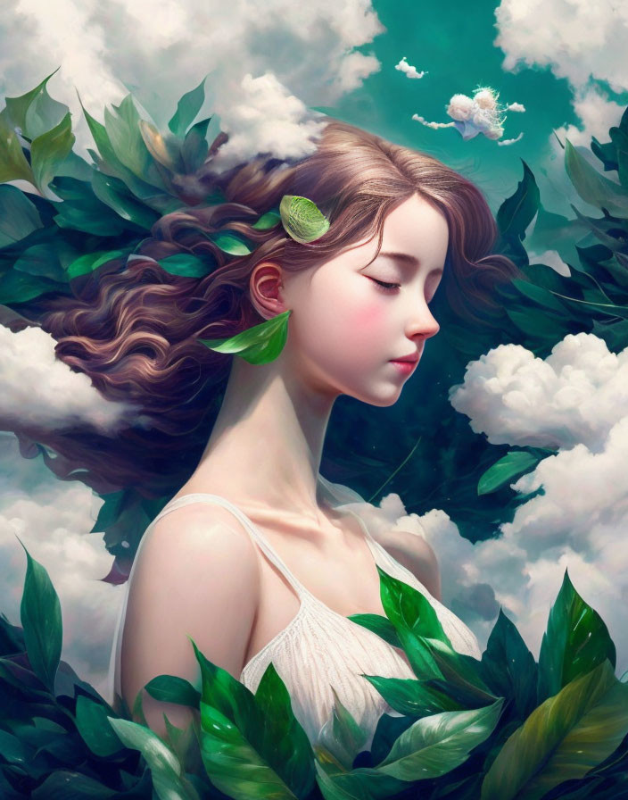 Woman with flowing hair surrounded by green leaves under cloudy sky