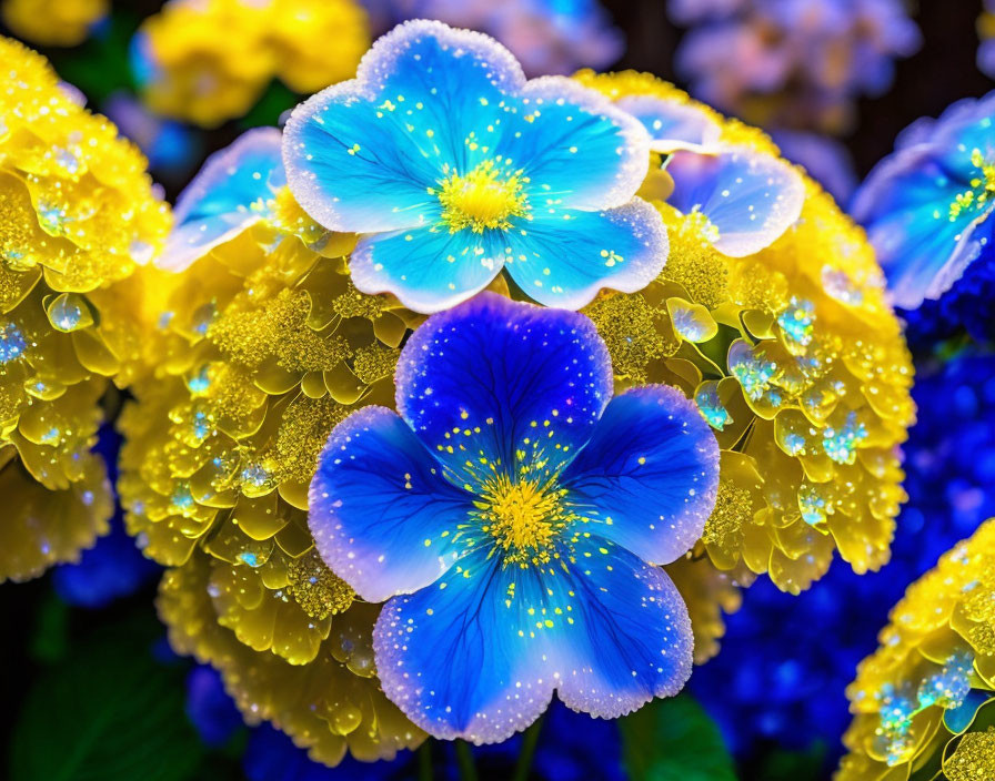 Bright Blue and Yellow Flowers with Water Droplets