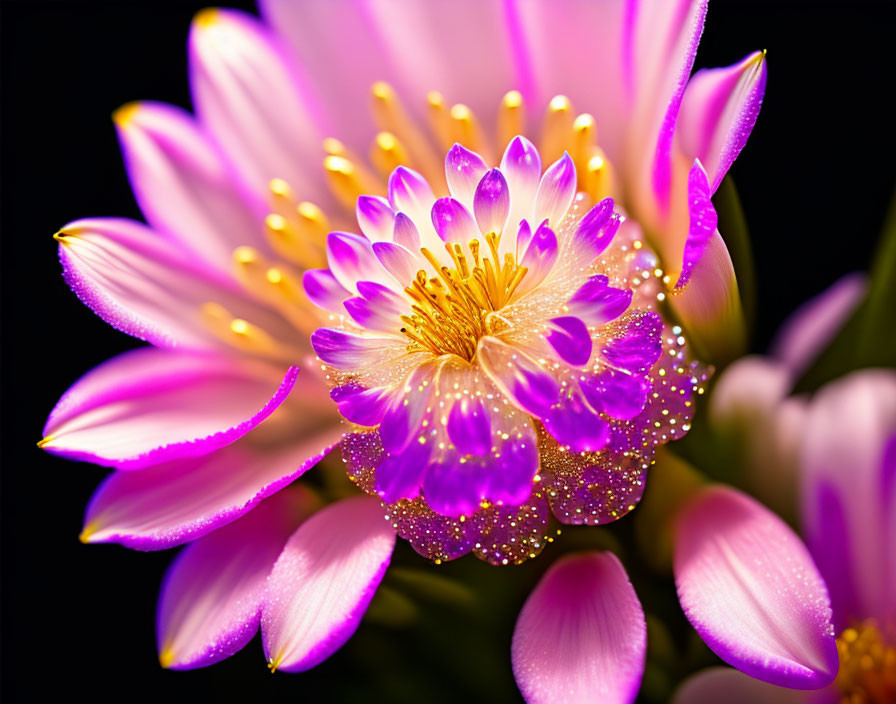 Vibrant pink flower with dewdrops on petals against dark background