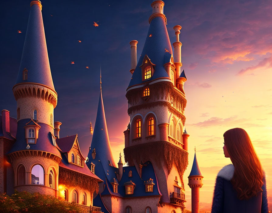 Woman admires castle with tall spires at twilight with flying birds.