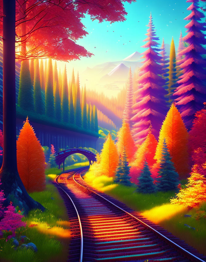 Colorful autumn forest scene with railway line, bridge, and mountains at dawn