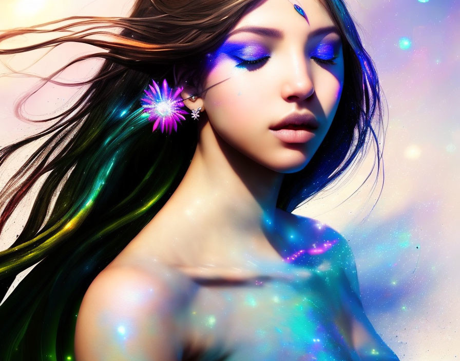 Colorful digital portrait of a woman with flowing hair and blue eye makeup on cosmic backdrop