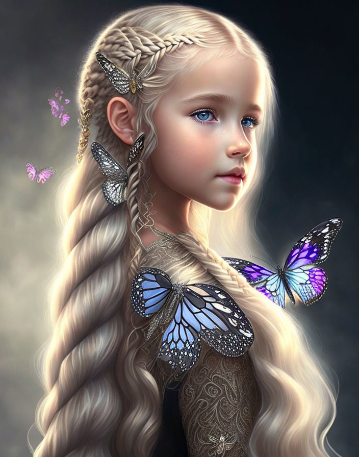 Digital artwork: Young girl with braided blonde hair, blue eyes, and butterflies in photorealistic