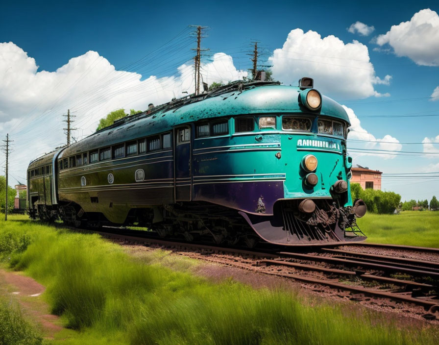 Vintage Green Locomotive Traveling Through Rural Landscape