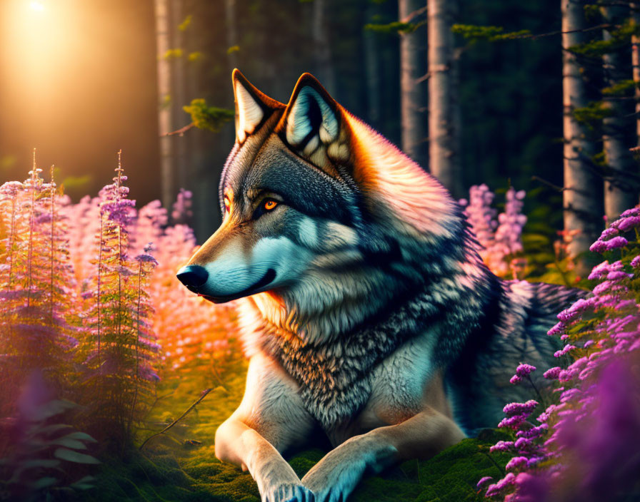 Majestic wolf with striking fur details in enchanted forest among purple flowers