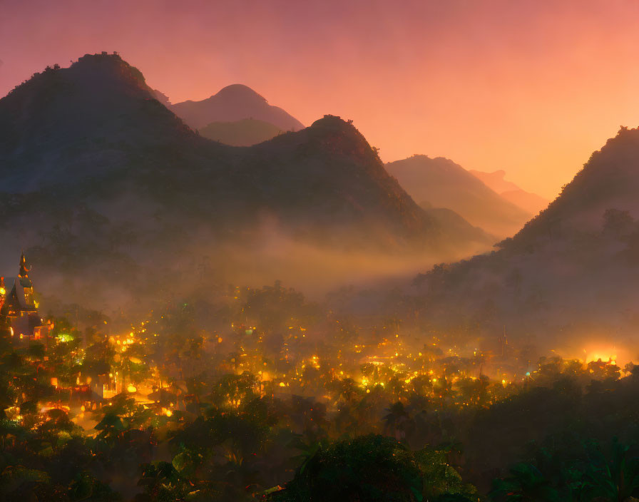 Misty twilight over valley with village lights and shrouded mountains