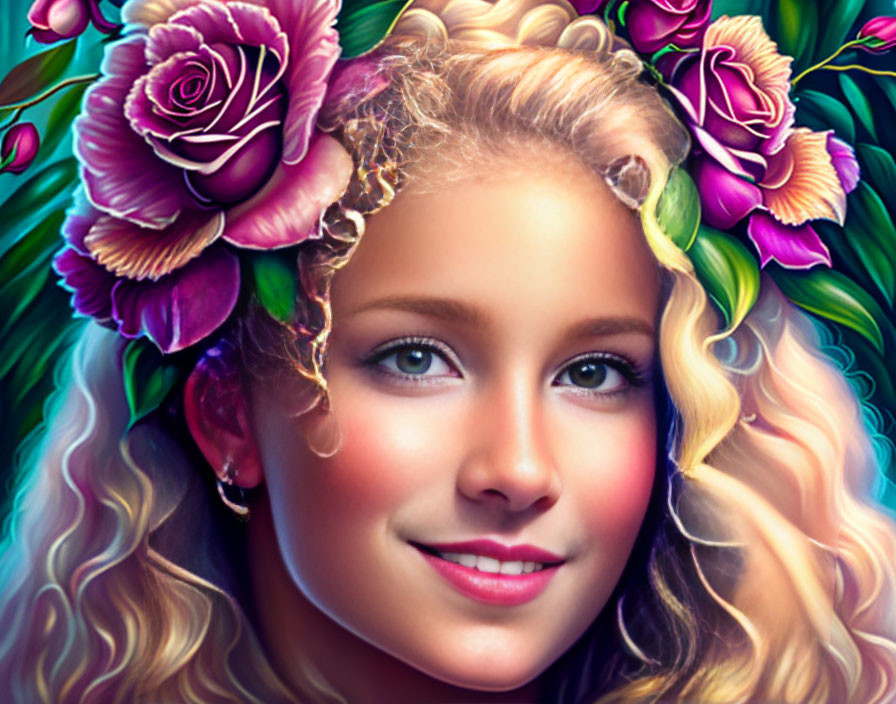 Young woman with blonde hair among vibrant purple and pink roses in colorful illustration