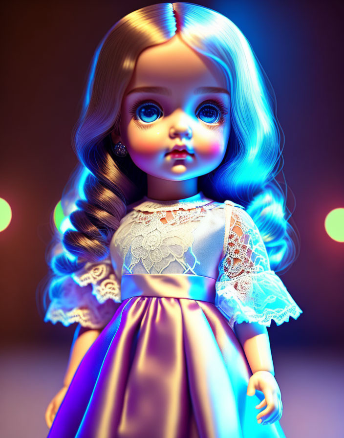 Colorful 3D rendering of porcelain doll with blue curls and lace-trimmed dress