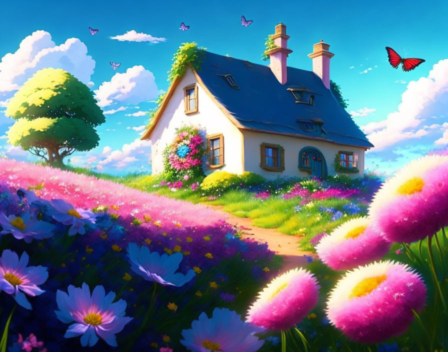 Charming cottage nestled among colorful flowers and butterflies