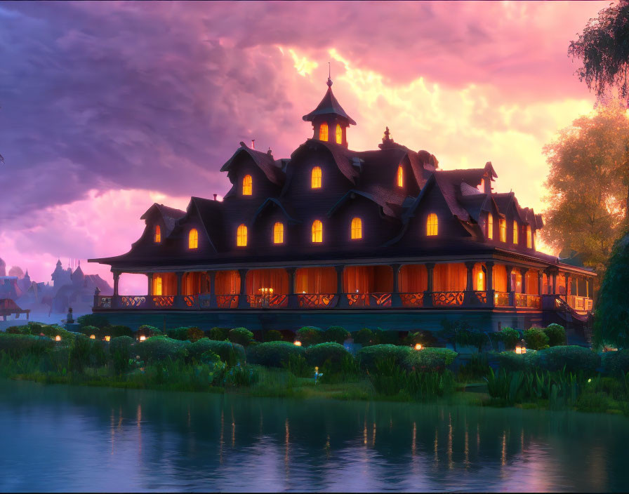 Spacious wooden house with gables under purple twilight sky reflected on water